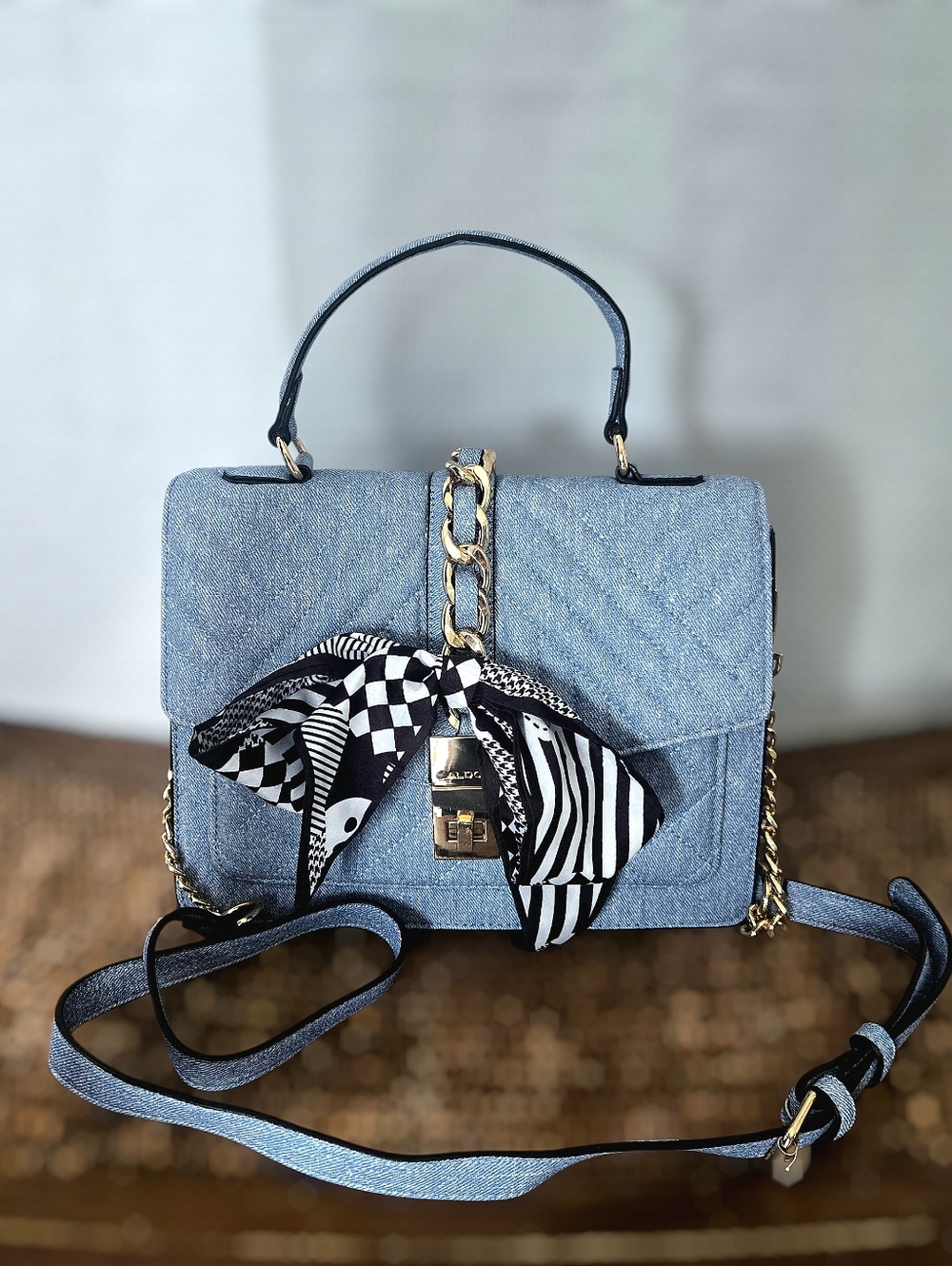 Aldo Cailla Denim Blue Top-Handle Satchel with Scarf Accent